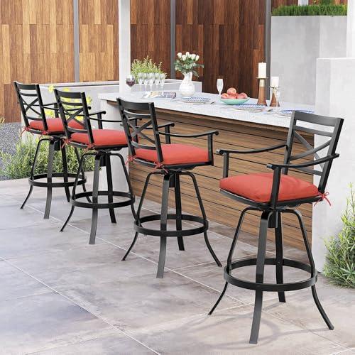 Pellebant 30' Sunbrella Outdoor Bar Stools Set of 4, Aluminum Swivel Patio Bar Height Barstools with Back, All-Weather Barstools for Deck Backyard Garden, Red