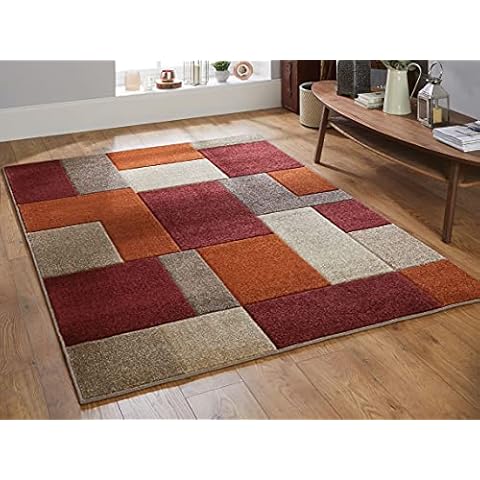 Geometric Rugs Modern Design HAND-CARVED Contour Pattern Low Pile Living Room Bedroom Area Carpet Mat (Geometric - Terracotta (Orange), Red, Beige, 80x150cm (2'6"x5'0")) Cover