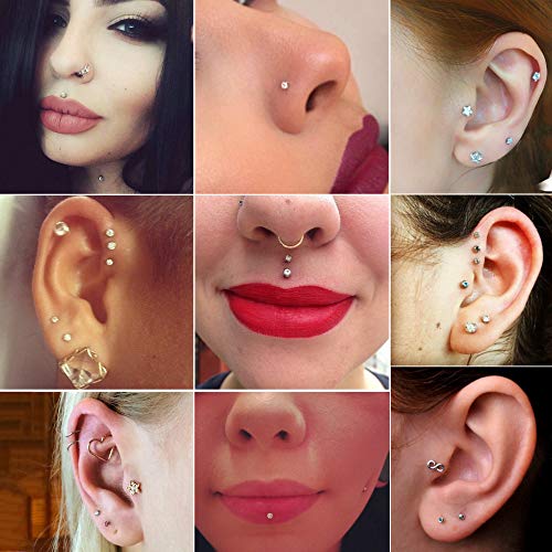 FIBO STEEL 16G Forward Helix Monroe Labret Lip Nose Studs for Men Women Stainless Steel&Clear Plastic Tragus Cartilage Stud Earrings Medusa Piercings Jewelry 40 Pieces3