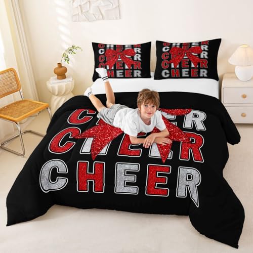 Image of Feelyou Cheer Bow Comforter Set Queen Size Red Glitter Cheerleader Bedding Set for Kids Boys Girls Cheerleading Duvet Quilt Sport Bedroom Decor Microfiber 3 Pcs with 2 Pillow Cases