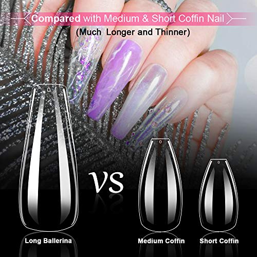 Clear Long Coffin Shaped Fake Nails, Ballerina Full Cover Acrylic Nail Tips, 100Pcs Artificial False Nails With Nail File/Cuticle Pusher/Case For Salon Nail Art, Diy Long Coffin Nails Design Kit #TOP3