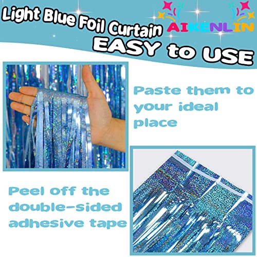 Image of 4 Pack 3.2Ft x 8.2Ft Light Blue Foil Fringe Curtain Backdrop, Metallic Tinsel Foil Fringe Streamers Curtains for Photo Booth, Birthday, Wedding, Disco, Bachelorette, Christmas Party Decoration