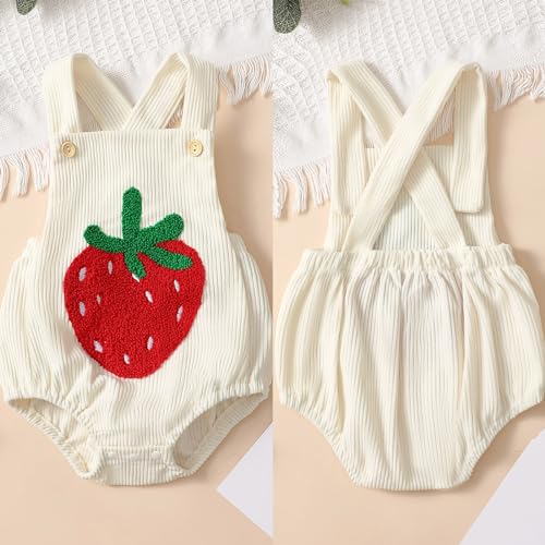 Newborn Baby Girl Summer Clothes Strawberry Embroidery Romper Sleeveless Corduroy Overalls Bodysuit Jumpsuit Outfit4