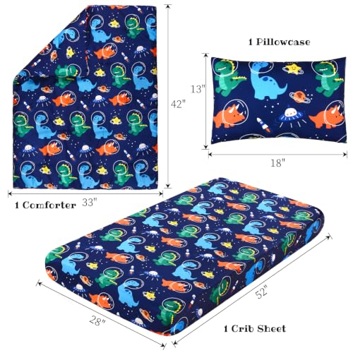 Image of JISEN 3 Piece Crib Bedding Set for Baby Boys Girls Space Dinosaurs Blue | Soft Breathable Microfiber, Crib Comforter Set with Comforter, Sheet, Pillowcase, Standard Size, Baby Nursery, Shower Gift