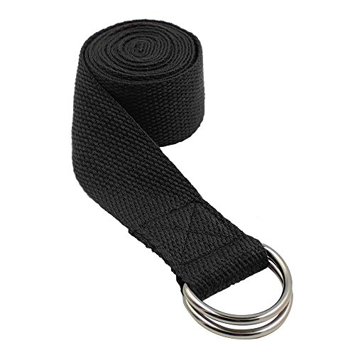 Topdo Cinturón de Yoga de algodón Duradero con cinturón de Hebilla con Anillo en D Ajustable para Estiramiento de la Aptitud para Mantener la flexibilidad de la Postura y la Fisioterapia-Negro