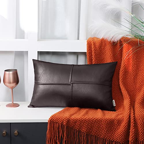 Image of BRAWARM Faux Leather Throw Pillow Covers 12 X 20 Inches, Brown Leather Lumbar Pillow Covers Pack of 2, Hand Stitched Leather Decorative Throw Pillows for Couch Sofa Bed Living Room Home Garden