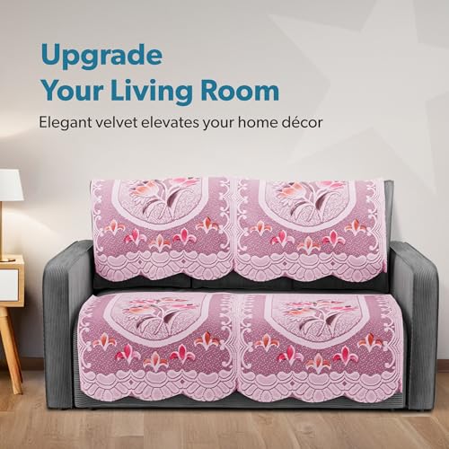 Image of Kuber Industries (Set of 4) Stylish & Durable Cotton Sofa Covers 2 Seater | Aesthetic Sofa Protector /Mat & Slipcover for Hall, Living Room & Office | Flower Design - White & Pink