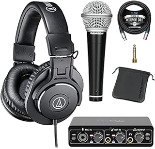 blucoil Audio Technica ATH-M30x Professional Studio Monitor Headphones (Black) Bundle Portable USB Audio Interface for Windows & Mac, 10' XLR Cable, and Samson R21S Dynamic Microphone