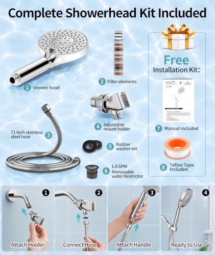 Image of SR SUN RISE Filtered Shower Head with Handheld High Pressure 9 Spray Mode Showerhead Detachable Shower Head Water Softener Filters Beads for Hard Water Remove Chlorine 1 Filter 1.8GPM Chrome