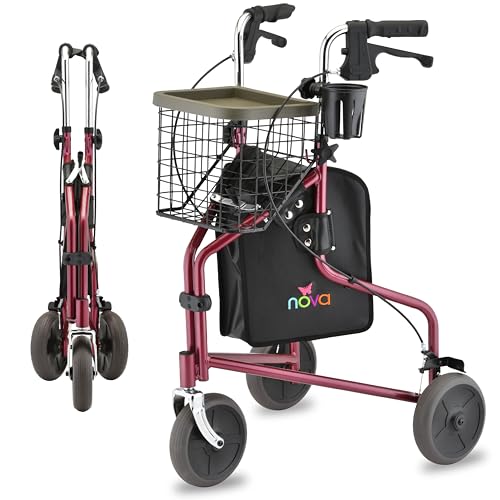 NOVA Traveler Folding 3-Wheel Walker with Tray Basket Pouch & Cup Holder Lightweight Mobility Aid for Seniors & Adults 8 All-Terrain Wheels for Tight Spaces & Travel Red