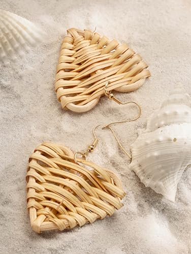 Image of MINACHI Boho Chic Handmade Rattan Wood Dangle Drop Earrings for Women, Bohemian Summer Beach Statement Jewelry Gift for Women