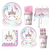 Einhorn Partygeschirr Set, 91 Stück Einhorn Teller Set, Einhorn Geburtstag Geschirr, Geburtstag Party Geschirr Set mit Teller Becher Servietten Besteck und Tischdecke für Einhorn Party Deko