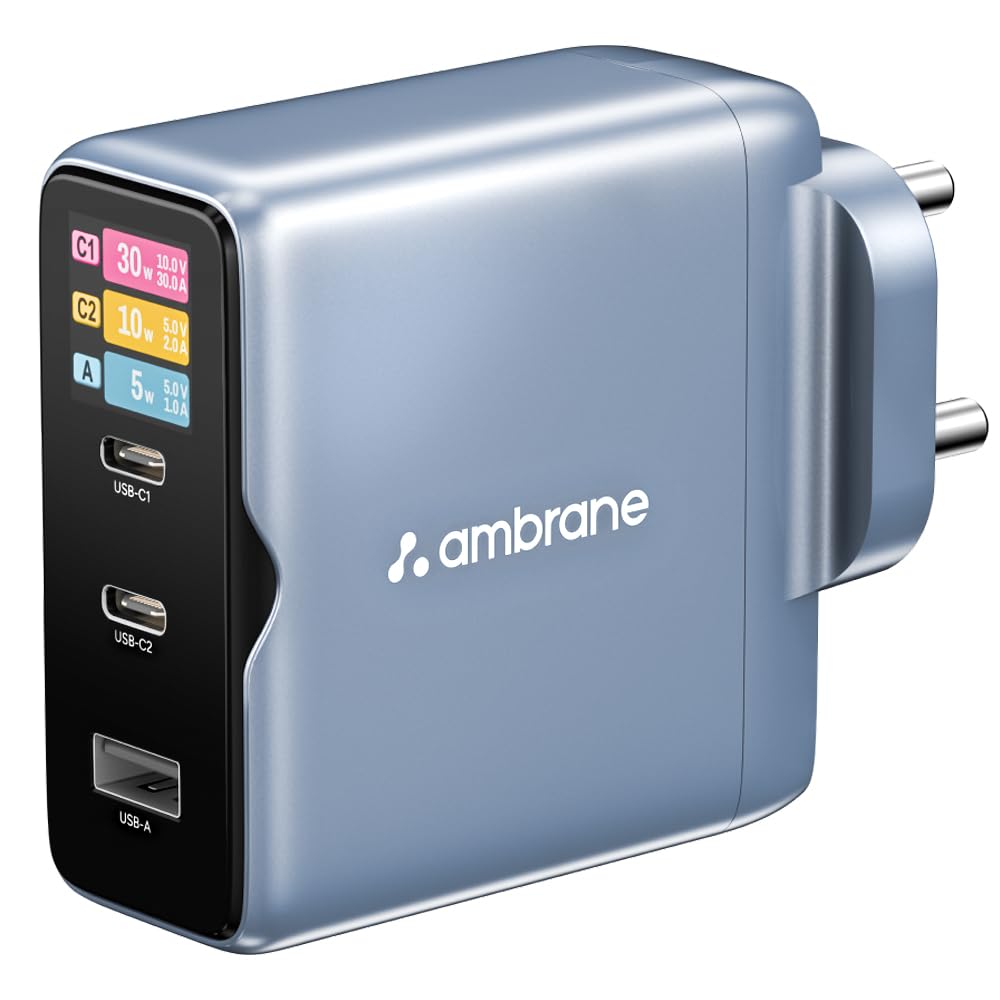 Ambrane 100W Fast Charging Display Charger, Display to Show Power Details, 3 Ports - 2 Type C, 1 USB, Type C PD Fast Charging for MacBook, iPhone, Type C Laptops, Other Devices (Charge D100, Blue)-picture-20