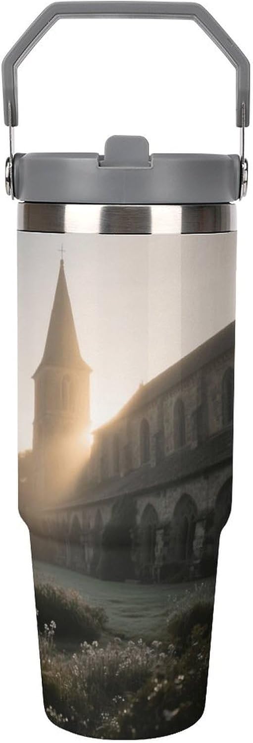 30 Oz Insulated Mug with Handle Lid And Straw Morning Light Monastery Pattern Large Metal Sports Bottle Great for Gifts Parties Office Coffee