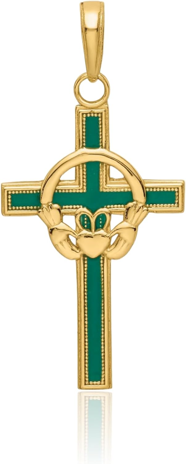 IceCarats 14K Yellow Gold Large Green Heart Celtic Claddagh Cross Pendant Necklace 31.17mm 1 1/4 inch, Polished For Her For Him