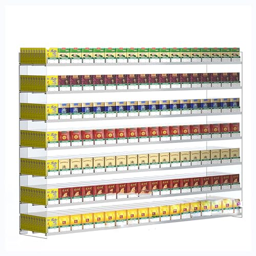 Expositor rectangular transparente de tabaco con sistema de carril automático de 6 pisos para pared