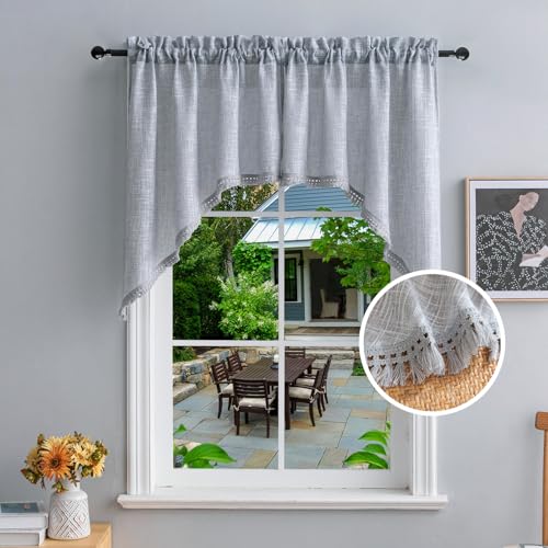 Beda Home Tassel Linen Textured Swag Valances for Farmhouses Kitchen Light Filtering Rustic Short Swag Topper for Small Windows Bedroom Privacy Added Rod Pocket Design Grey 36 x36 inch 1 Pair