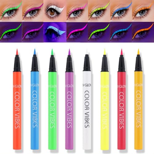 ONMAY 8 Color UV Neon Glow Waterproof & Long-Lasting Liquid Eyeliner for Party & Rave - Glows Bright Under Blacklight(Liquid)