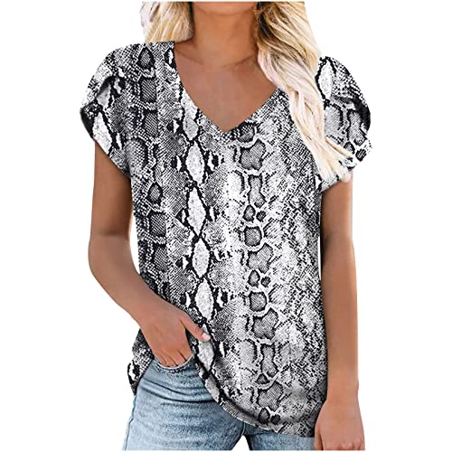 Women Petal Sleeve Tops Summer Floral Print V Neck Short Sleeve Tunic Graphic Tees Ladies Trendy Casual Blouse T Shirt
