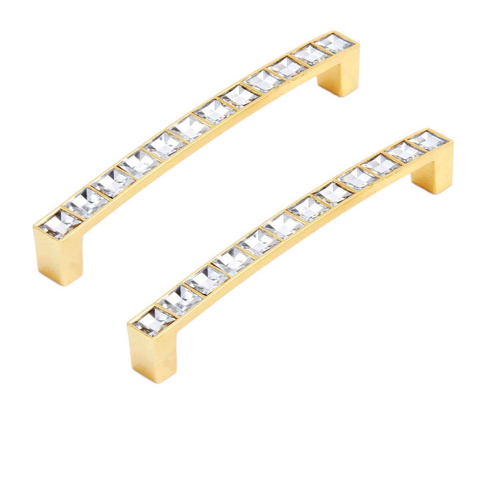 HTTGDGDH 128Mm Furniture Handle Glass Crystal Cabinet Knobs And Handles Cupboard Drawer Kitchen Pull Knobs Furniture Hardware-Set Of 2,Golden,Hole distance:128mm