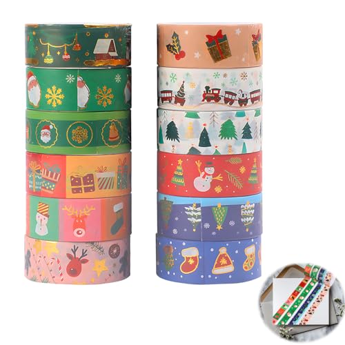 12 Rollen Weihnachten Washi Tape Set Washi Tape Weihnachten Set Dekoratives Klebeband Goldprägung Selbstklebendes Klebeband Bunt für Handwerk DIY Scrapbooking Planer Geschenk Verpackung Dekorationen