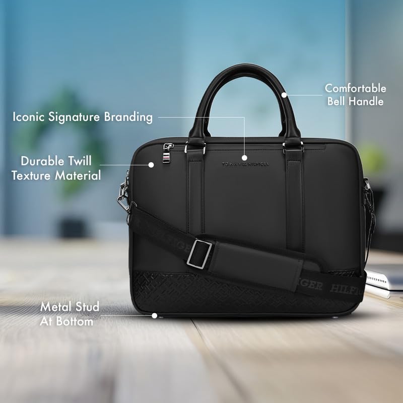 Image of Tommy Hilfiger Unisex Business Case KOVA - Black | EVA-Laminated Briefcase with Leather Handles | Gunmetal Hardware | Messenger Bag with Trolley Holder | Organised Interior with Accessory Holder