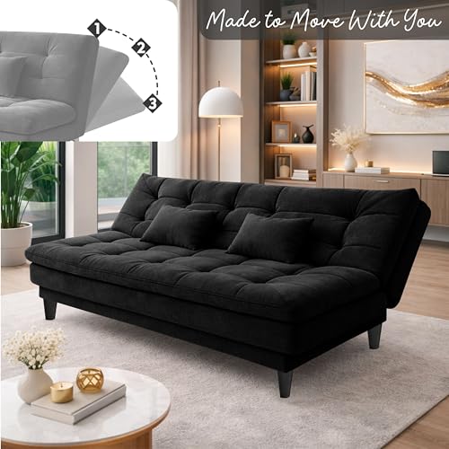 Image of Modern 3 Seater Sofa Cum Bed | Tufted Backrest | Velevt Fabric Upholstery | Living Room Furniture-Black