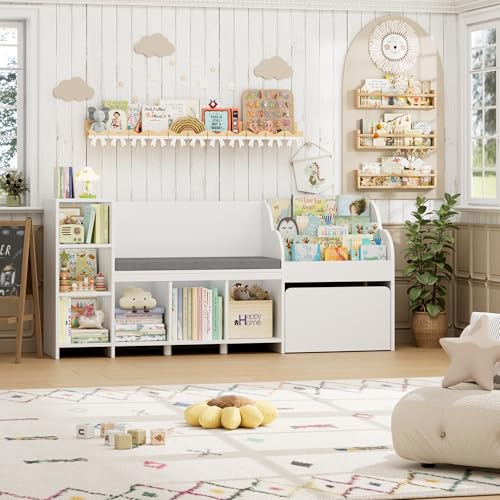 Image of HOSTACK 67" W Kids Reading Nook with Toy Storage Organizer, Large Kids Bookshelf with Toy Storage Box on Wheels, Big Kid Bookcase with Bench and 6 Open Cubbies for Playroom, Kid Room, White