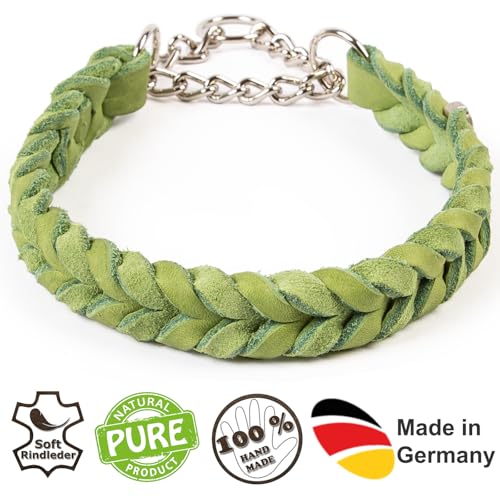 CopcoPet Fettleder Halsband 40–45cm x 20mm Apfelgrün – Geflochten mit Zugstopp-Kette – Robust & weich – Verchromte Kette – Lederhalsband für mittelgroße Hunde, Training & Alltag