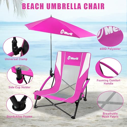 Image of EMERIT Low Beach Chairs for Adults with Removable UPF 50+ Umbrella, Lightweight Folding Backpack Camping Chair with Cup Holder, Portable Sand Chair for Beach, Picnic, Lawn