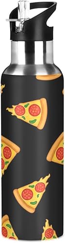 Stainless Steel Vacuum Insulated Water Bottle 32 Oz, Leakproof Water Bottles for Gym Outdoor Travel School, Cartoon Slices Pizza Black