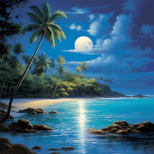 MOGTAA Seaside Night Diamond Painting Kits for Adults, Beach Diamond Painting for Beginners, 5D Landscape Diamond Arts, DIY Full Drill Diamond Arts and Crafts Painting for Home Decor 30x30cm