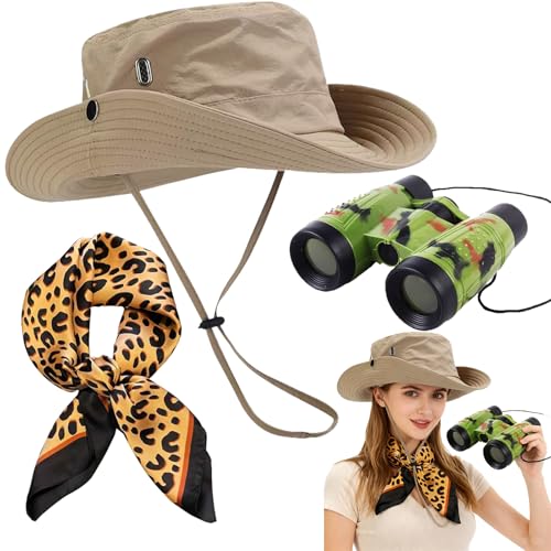 DTAOZFA Costume de safari pour femme, chapeau de soleil pliable, costume d'archéologue, costume de jeu de rôle Halloween, chapeau de pêcheur, télescope,...