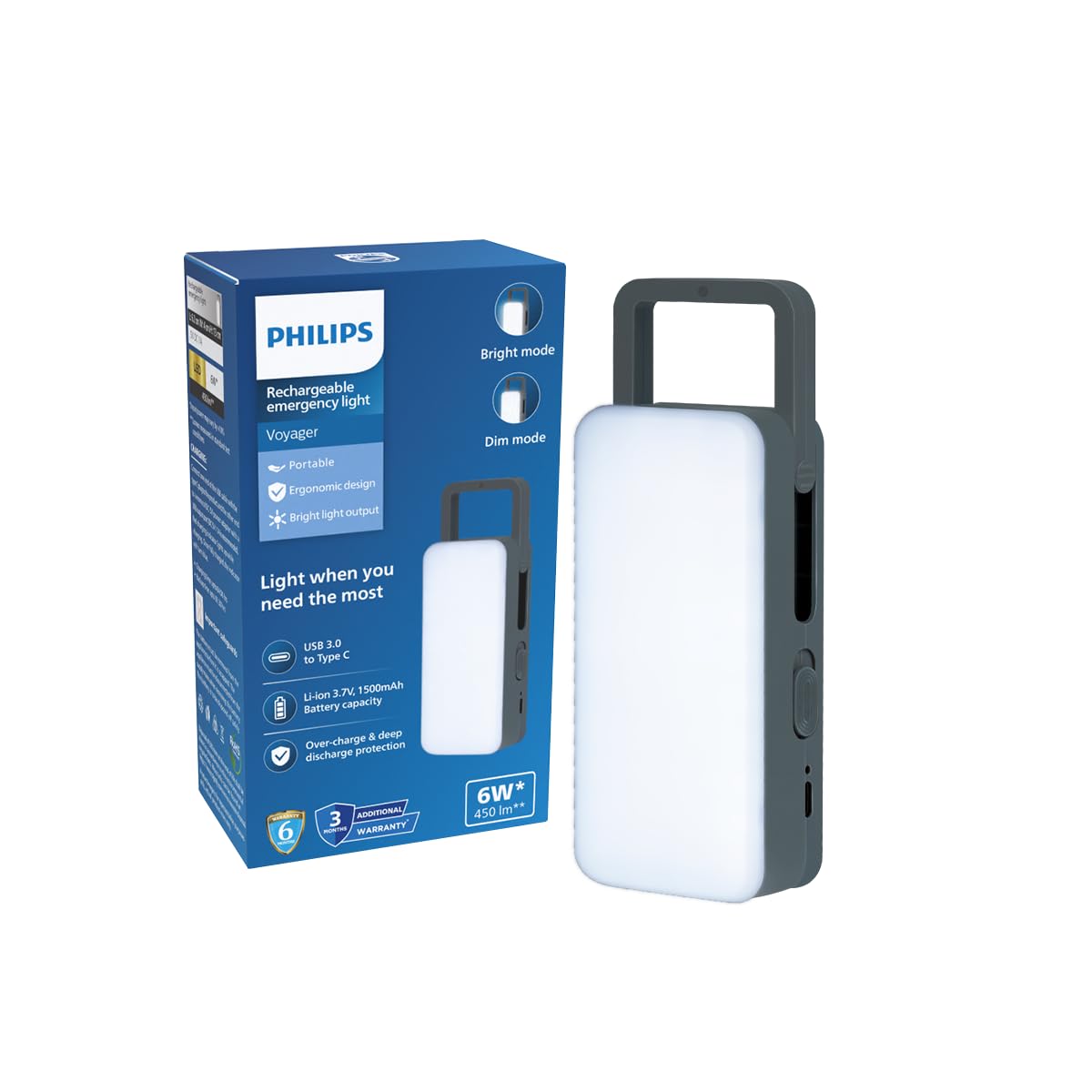Philips Voyager 6W Rechargeable LED Emergency Light | 450 Lumens | 1500mAh Battery | Type-C Fast Charging | 2 Brightness Modes | Up to 1.5 Hours Backup | Portable & Compact (Grey) | Pack of 1-image-30