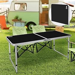 Maletin Mesa Plegable ECD Germany Mesa de Camping Plegable Estilo Maletín 120x60x54-70 cm Negro de Alumino y HDPE Tablero de Acampada Regulable en Altura Mesita Portátil con Asa de Transporte Ideal para Exterior o Interior