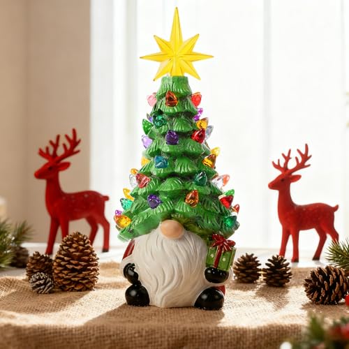 Christmas Decorations - 8 Lighted Up Gnomes Resin Christmas Tree Gnome Christmas Tree with Multicolored Lights Small Mini Prelit Xmas Holiday Decor for Tabletop Home Room Table Fireplace Office