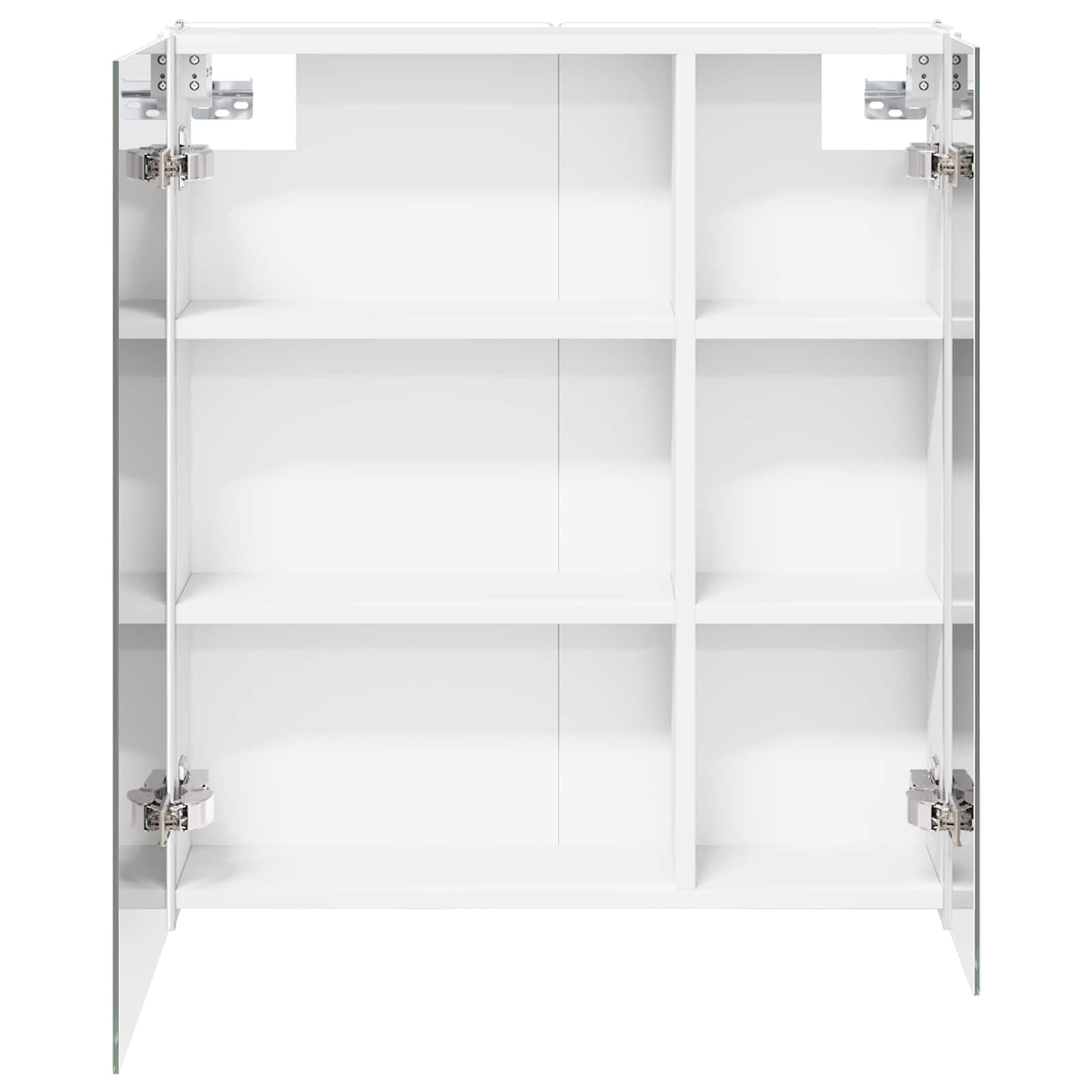Szafka łazienkowa z lustrem biała z materiału drewnopochodnego 63,5 x 15,5 x 70 cm z oświetleniem LED, montaż na ścianie, schowek, regulowane regały, dwustronne lustro do łazienki i łazienki