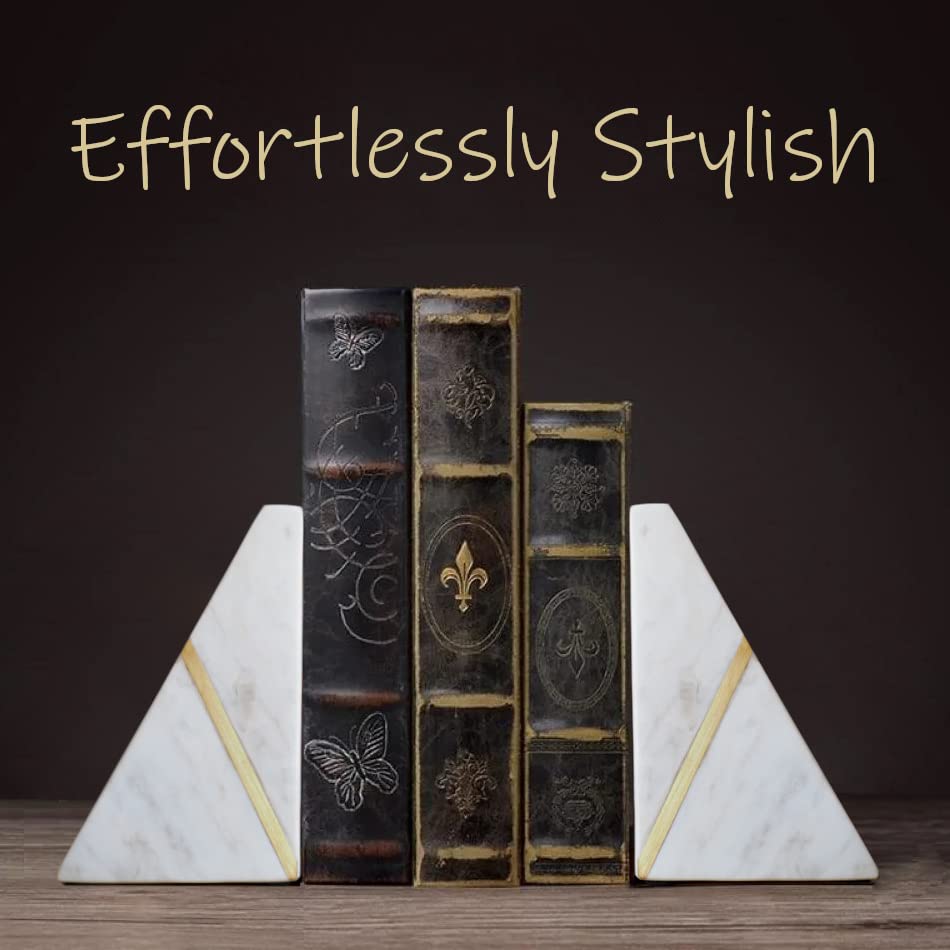 Marble Bookends Handcrafted Heavy Marble Triangular Bookshelf Decor Brass Inlay Set of 2 Decorative Bookends Book Stoppers with Non-Skid Bottom Solid Home Kitchen Office Shelves Triangle