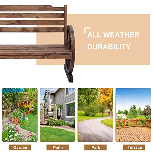 Kintness Wooden Wagon Wheel Bench Rustic Outdoor Patio Furniture 2-Person Seat Bench With Backrest For Backyard Patio thumb #8