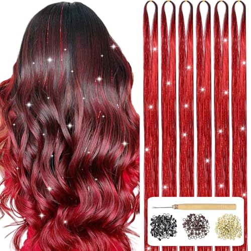 USHUIUS Hair Tinsel Kit With Tools 6Pcs 1200 Strands Red Tinsel Hair Extensions Heat Resistant Fairy Glitter Hair Extensions Sparkling Shiny Hair Accessories for Girls Women Kids (Red)
