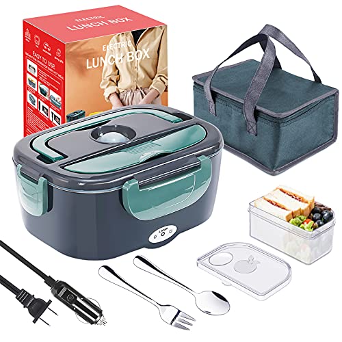 Electric Lunch Box Food Warmer - Pmallcity Portable Food Heater for Car & Home - Leak proof, Lunch Heating Microwave for Truckers with Removable Stainless Steel Container 1.5 L, 110V 12V [Upgraded]