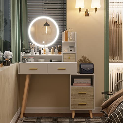 Tiptiper Vanity Mirror with Lights and Table Set, Makeup Vanity with 3 Color Lighting Modes & Touch Screen, Vanity Desk with Nightstand and Open Shelves, Vanity Table with Storage Drawers