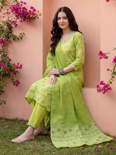 Image of INDO ERA Women's Pure Cotton Printed Straight Kurta & Pant with Dupatta Set