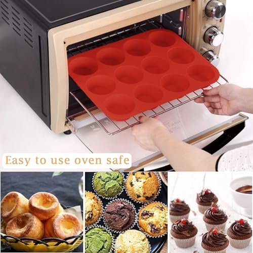 Large Muffin Tray 12 Cup, Silicone Muffin Pan, 2pcs Non-Stick Muffin Cupcake Tin, Baking Mould for Muffins or Cupcakes, Dishwasher Safe, Reusable Baking Moulds Tins-30 x 22 x 3cm (Red) - Image 5