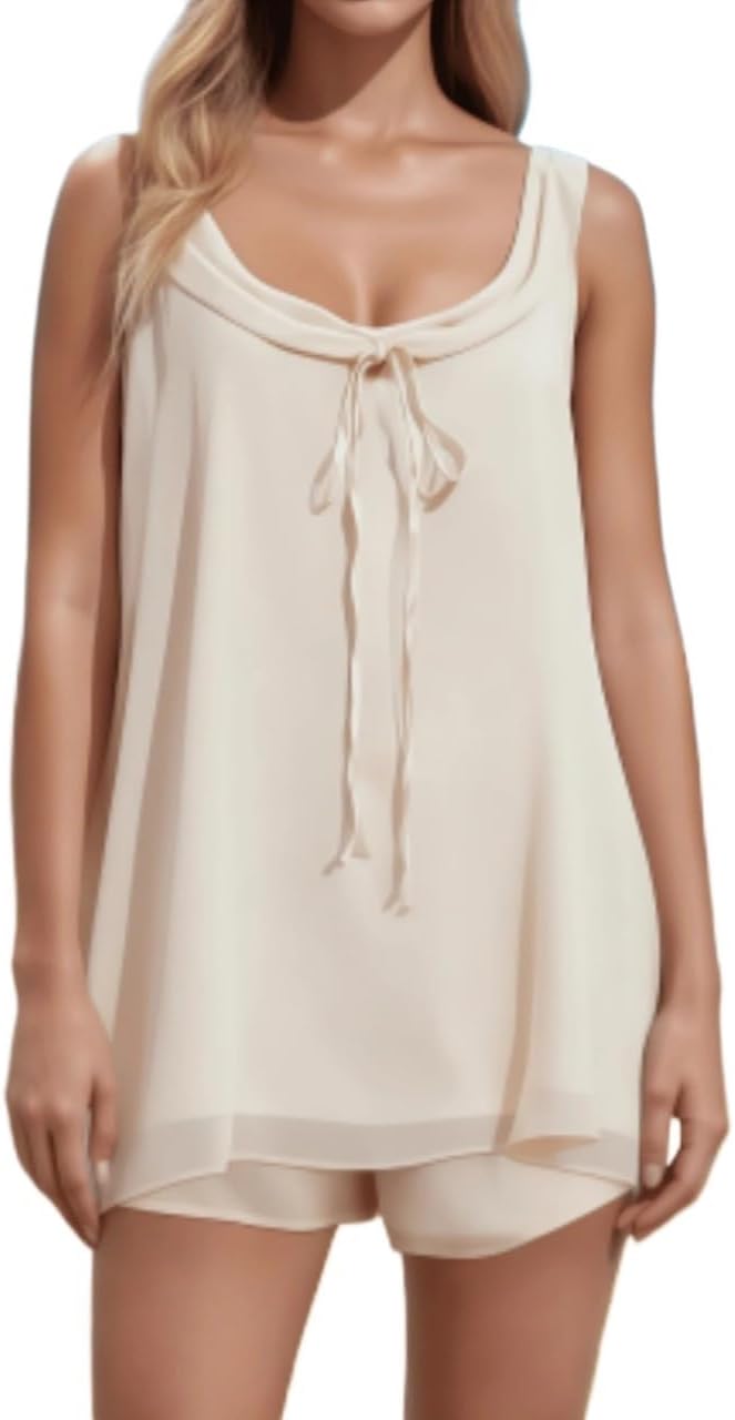 Women's Sleeveless Ruffle Hem 2 Piece Short Set Casual Summer Outfit With Drawstring Shorts