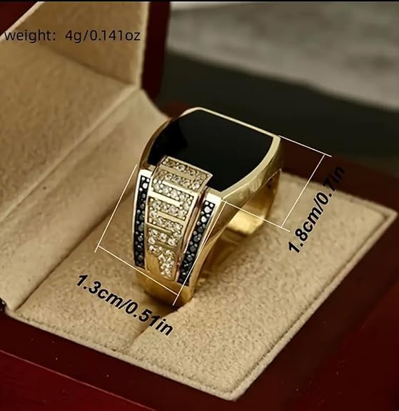 Men’s Fashion Ring 18K Gold Plated Black Onyx & Cubic Zirconia Punk Wedding Vintage Hip Hop Style Full Diamond Men's Ring, Trendy Cuban Link, Retro Gentleman Jewelry, Size 6-13 (74