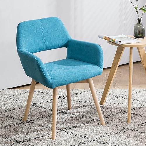 YEEFY Desk Chair No Wheels Vanity Chair Comfy Accent Chair for Living Dining Room Bedroom Home Office Mid Century Modern Upholstered Armchair Sofa Chair (Teal, 1) - Thumbnail 2