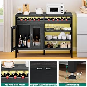 YITAHOME Liquor Cabinet Bar for Home 47 Industrial Wine Buffet Cabinet with LED LightsPower Outlets and Wine Rack Storage Small Coffee Bar Cabinet for Kitchen Dining Living Room Black