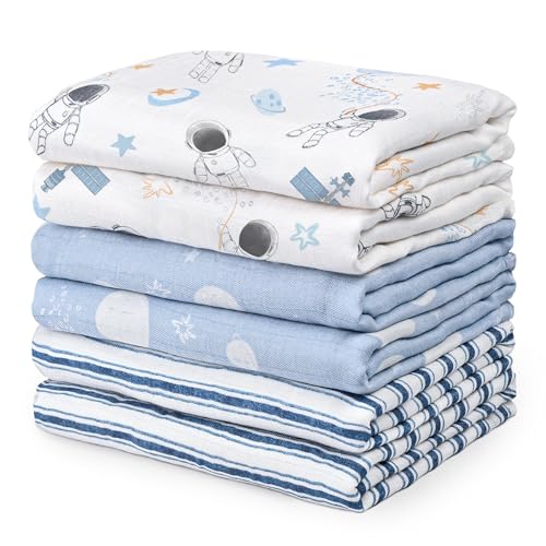 Image of GLLQUEN BABY Receiving Blanket Boy Cotton Muslin Swaddle Blankets Girl Newborn Squares Breathable & Soft Thin Baby Blankets Cloths Double Absorbent Infant Swaddling Wrap - 6 Pack (Blue Astronaut)