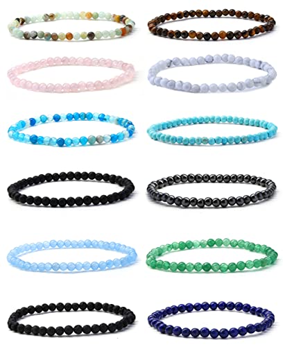 LOLIAS 12 Stück 4-8mm Natürliche Edelstein Armband für Damen Herren Winzige Crushed Stone Naturstein Statement Schutz Chakra Armband Charm Perlen Paare Stretch Armbänder Schmuck Cover